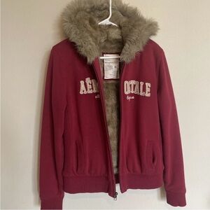 Aeropostale Vintage Y2K Faux Fur Lined Logo Full Zip Hoodie Size XL Maroon